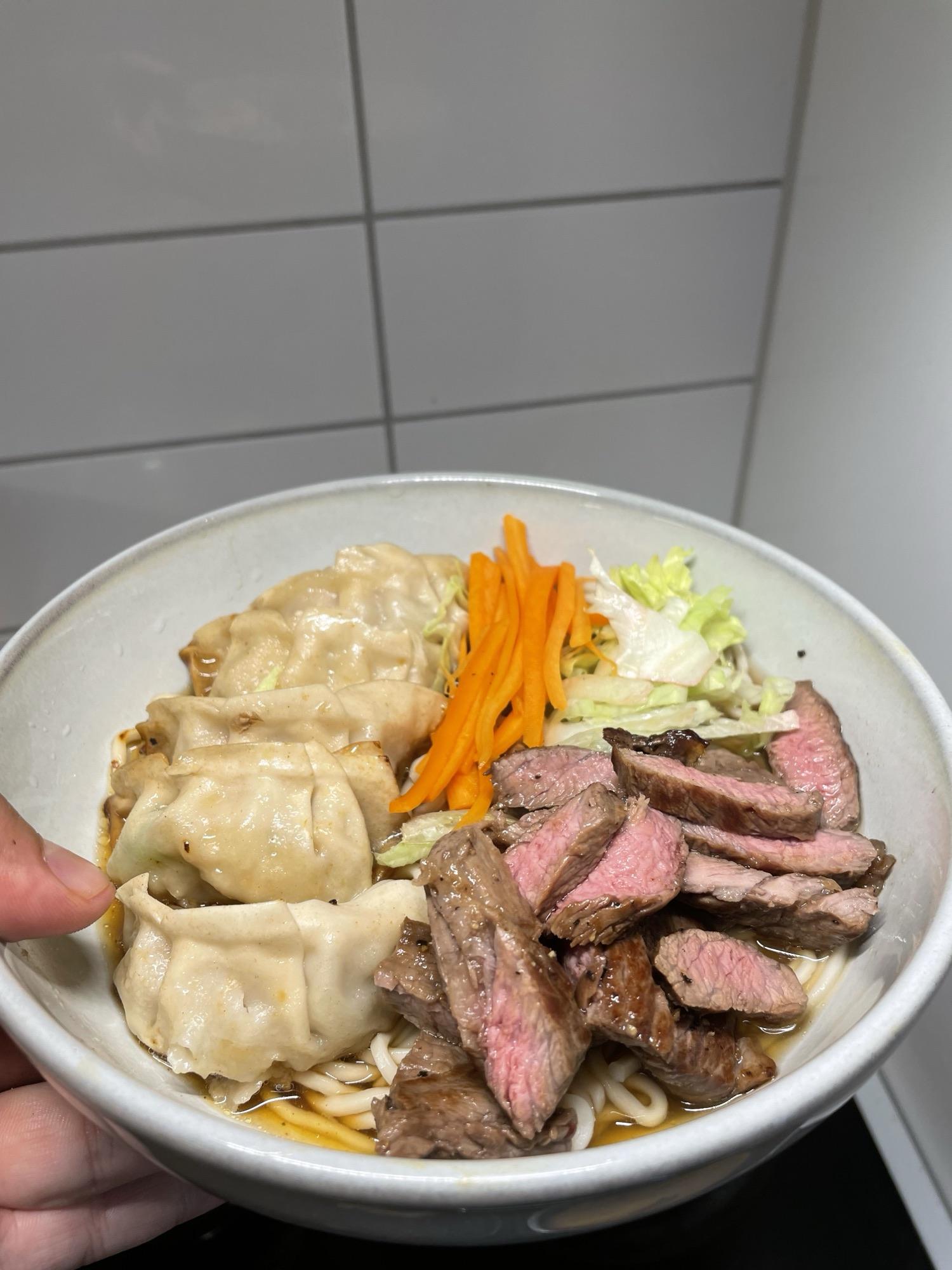 Dumplings, ramen & steak